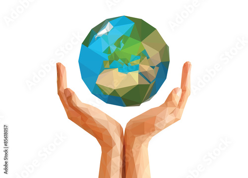 hands cupped polygonal origami technique keeps planet Globe Nort
