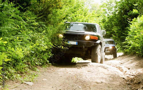 off-road vehicle on dirty road in a forest