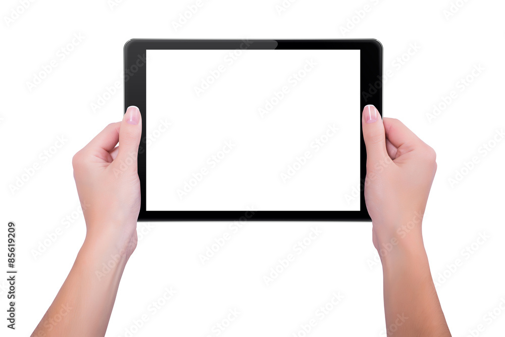 In the hands of girl black tablet In the hands of girl black tablet