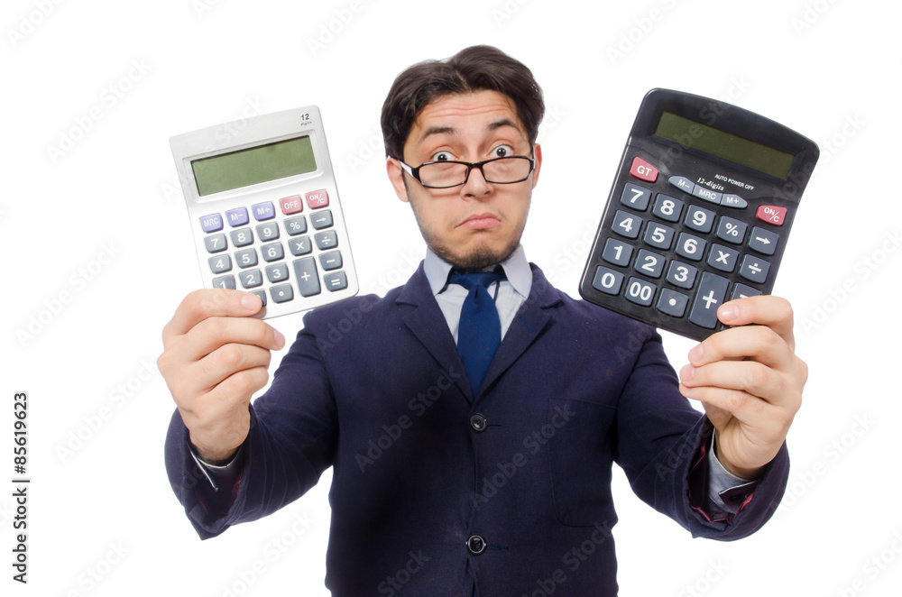 Funny man with calculator isolated on white Funny man with calculator isolated on white