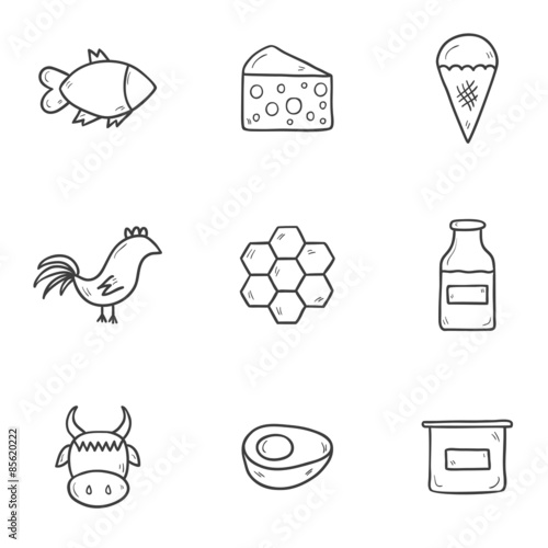 Set of cute hand drawn outline icons with products containing
