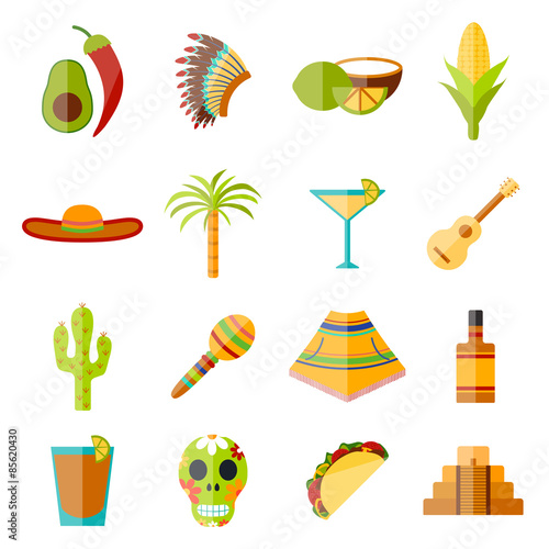Set of flat icons on Mexica theme: sombrero, poncho, tequila