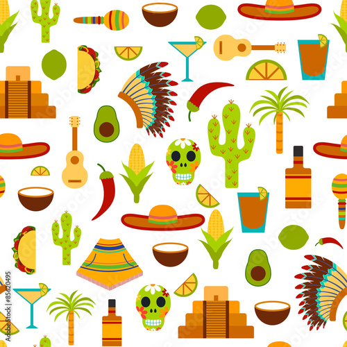 Seamless  background with flat objects s on Mexica theme