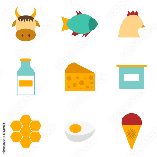 Set of modern flat icons with products containing animal protein