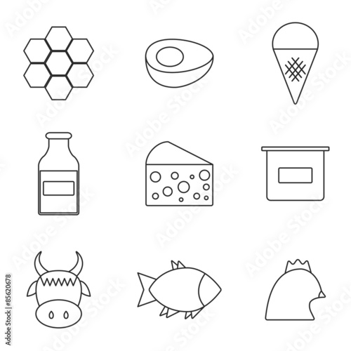 Set of modern flat outline icons with products containing animal