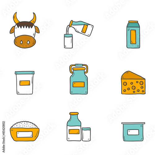 Set of cute hand drawn flat icons with products containing
