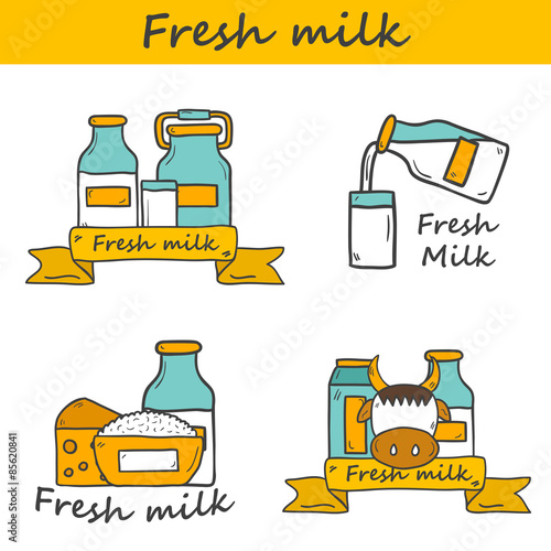 Set of cute hand drawn logos with milk products containing