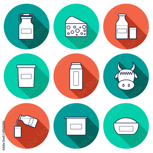 Set of modern flat shadow outline icons with products containing