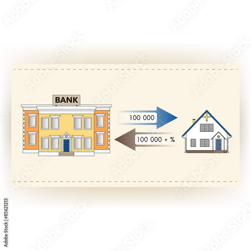 Vector illustration: Мortgage loan to buy a house. Returns mortgage loan with interest. Infographics: Mortgage loan as a cash flow. Buying real estate in white, yellow, brown, blue colors.
