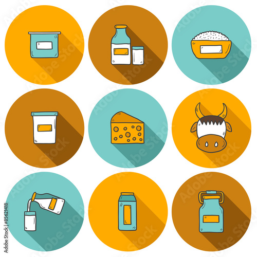 Set of cute hand drawn flat icons with products containing