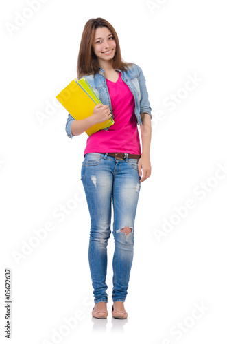Student girl with books on white