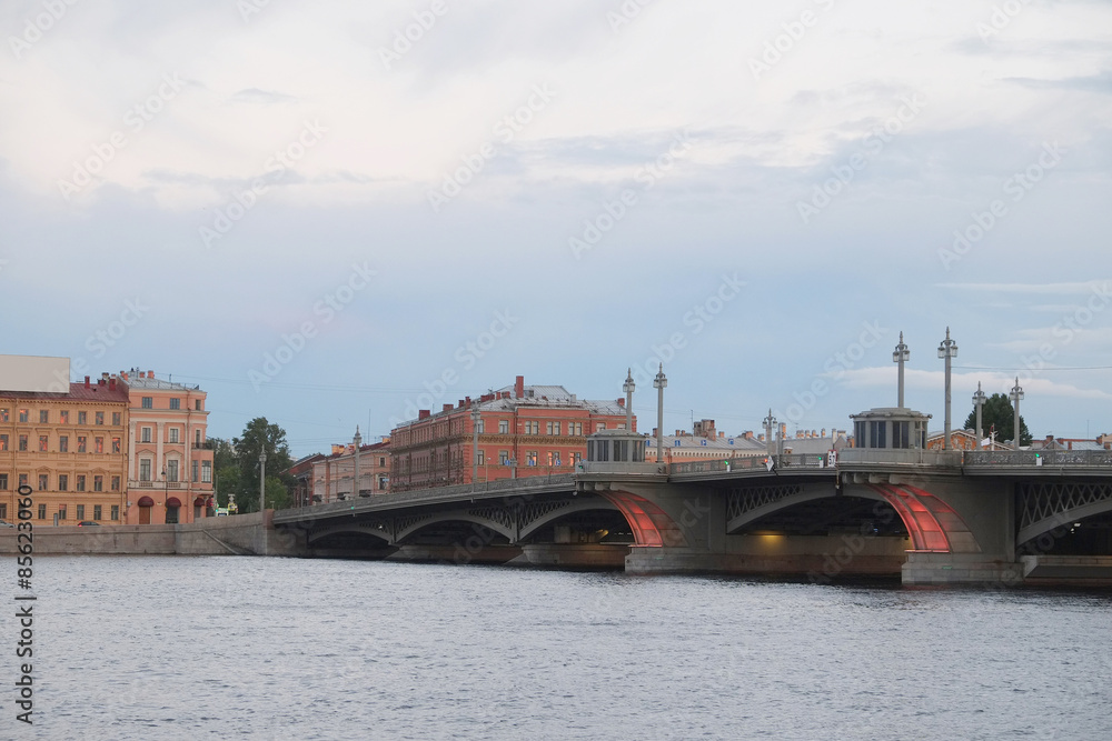 Landscape with the image of bridge from the Neva river in St. Petersburg, Russia,