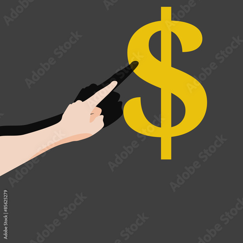 Human hand points at dollar symbol
