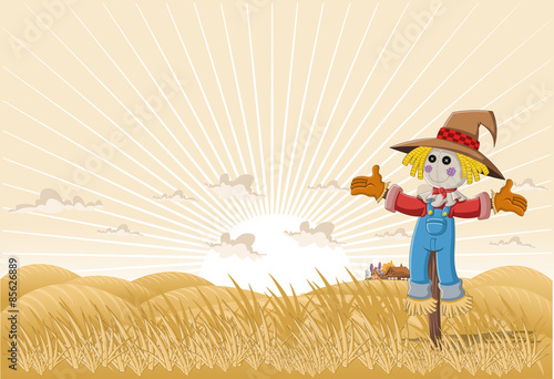 Obraz na plátně Farm landscape with cartoon scarecrow