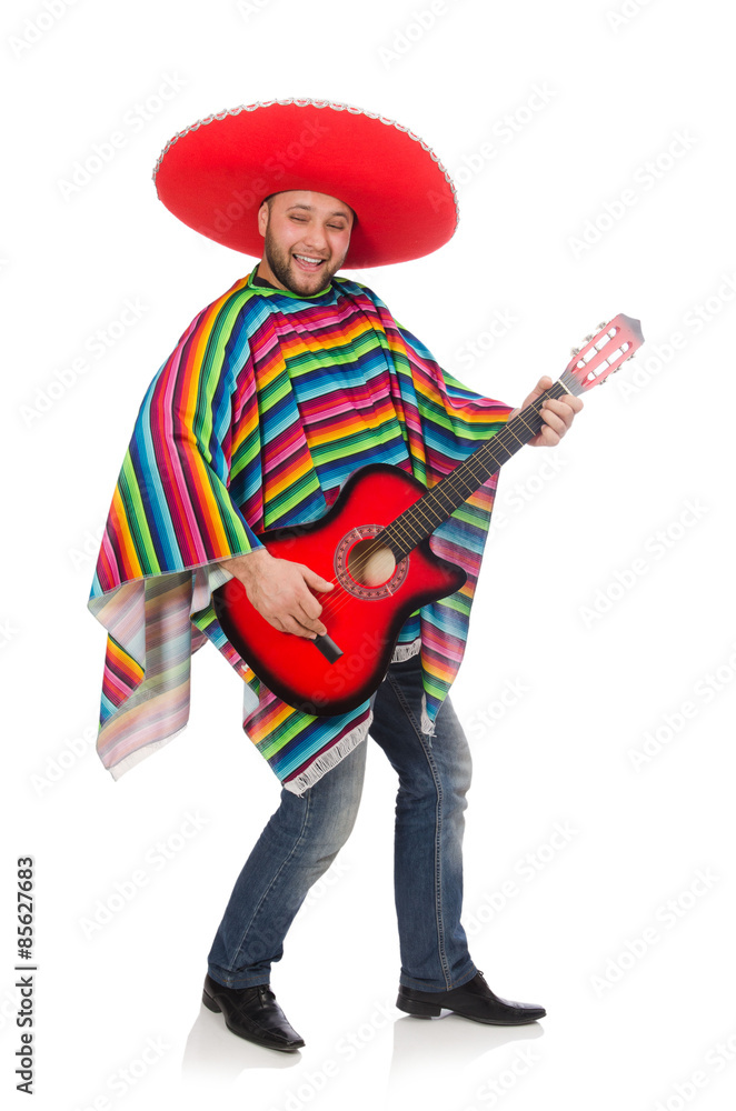 Funny mexican with guitar isolated on white Funny mexican with guitar isolated on white