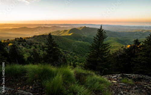 The warm colors of the spring blooms in the Blue Ridge mountains illuminate the landscape as the sun comes up in the morning. 