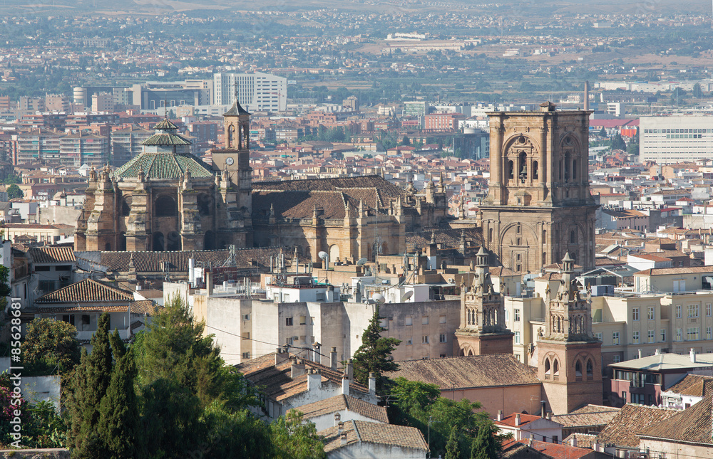 Granada - outlook over town with the Cathedral from Alhambra .