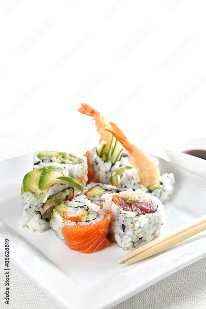 Sushi on a white plate, shallow focus