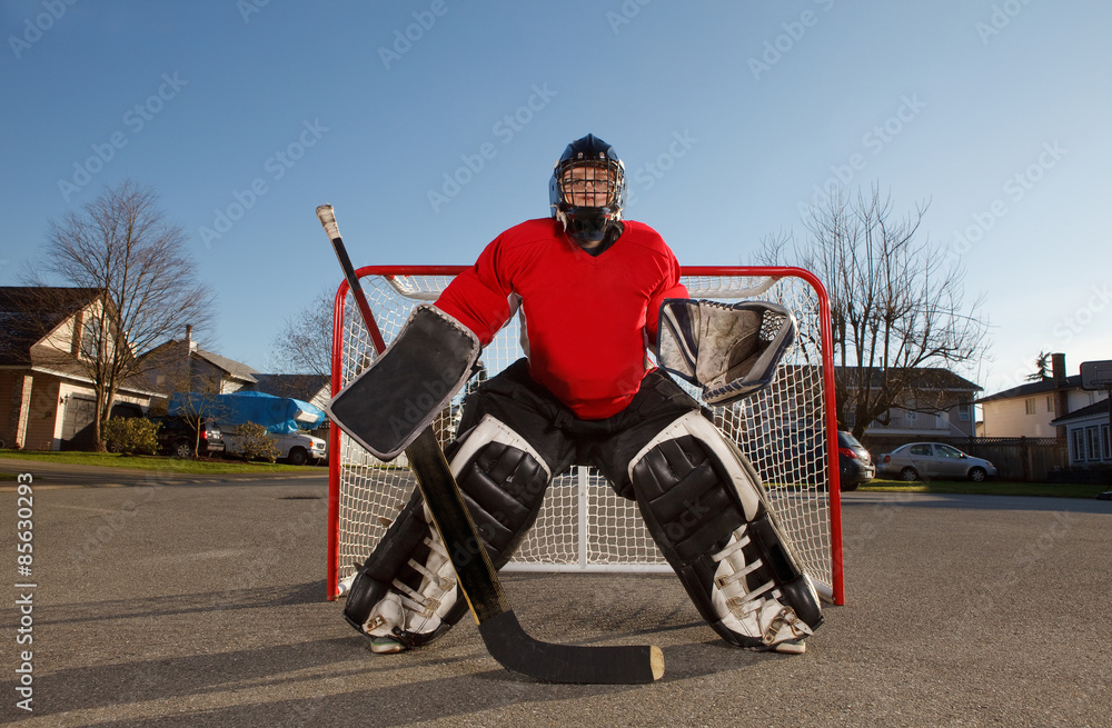 Naklejka premium Ball hockey goalie in net on a neighbourhood street in the summer