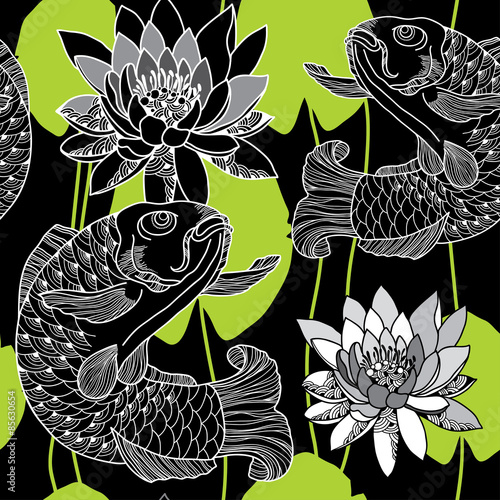 Seamless pattern with carp in black and water lily