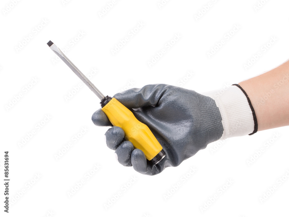 Hand in glove holding screwdriver. 