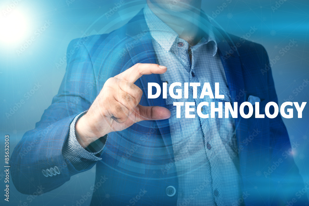 Businessman presses button digital technology on virtual screens Businessman presses button digital technology on virtual screens