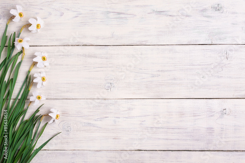 Fototapeta Naklejka Na Ścianę i Meble -  Daffodils on wooden background, copy space