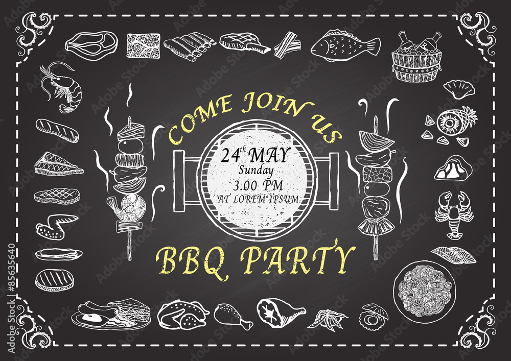 Barbecue party invitation. Hand drawn meats on chalkboard. Restaurant menu design template.