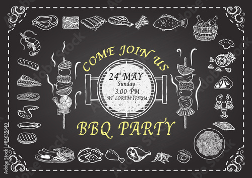 Barbecue party invitation. Hand drawn meats on chalkboard. Restaurant menu design template.