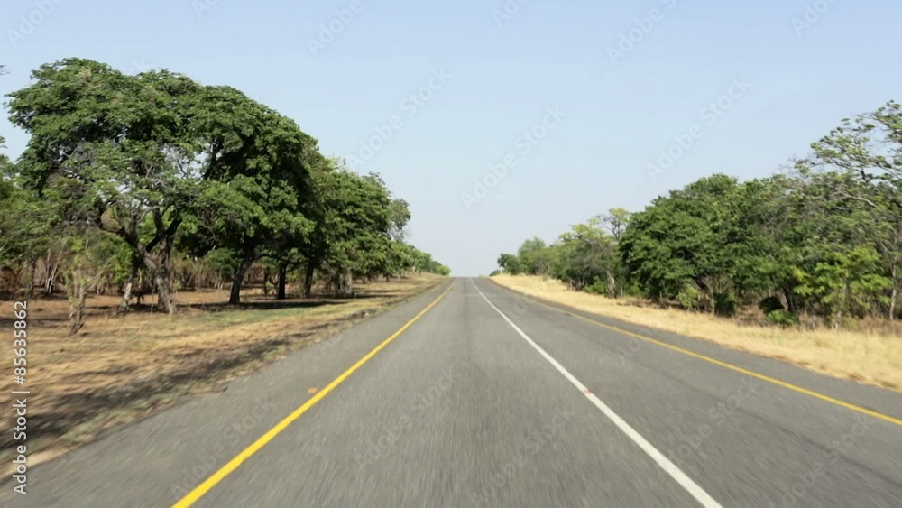 Driving on Endless road in Namibia, Caprivi Game Park, with blue sky