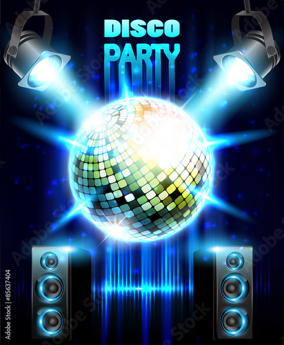 Disco party background with audio speakers, disco ball.