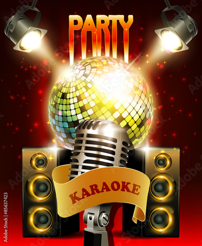 Karaoke party background with audio speakers and disco ball.