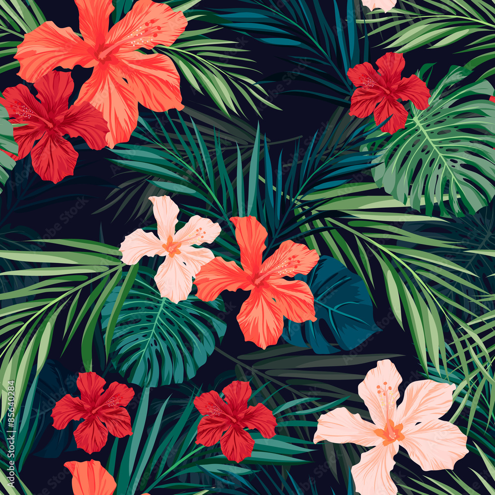 Bright colorful tropical seamless background with leaves and Illustration  Stock | Adobe Stock