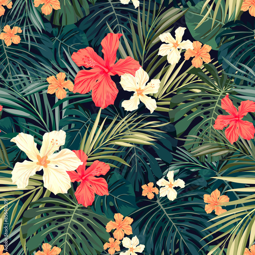 Bright colorful tropical seamless background with leaves and