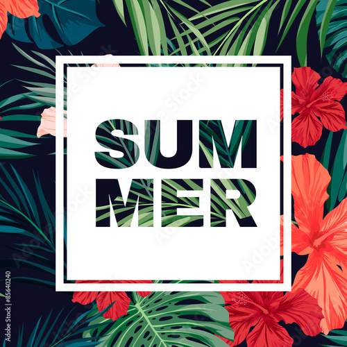 Bright colorful tropical summer poster with leaves and flowers
