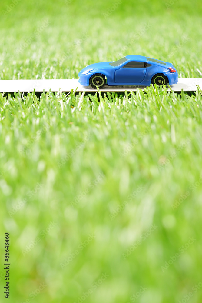緑の草原を走る青いスポーツカー 緑の草原を走る青いスポーツカー