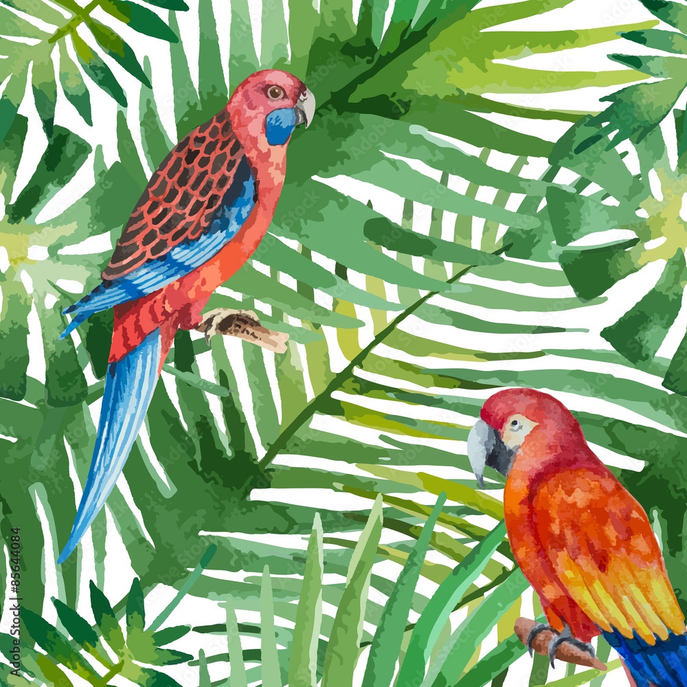 Parrots among palm leaves
