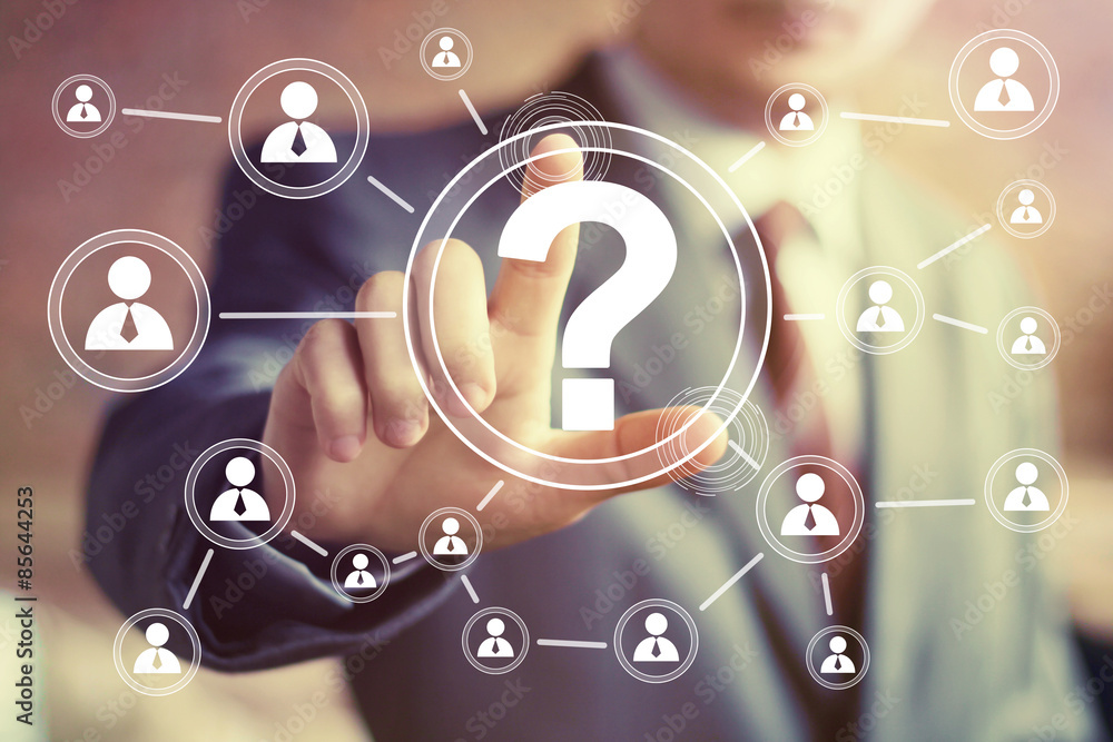 Businessman touch button web question icon Businessman touch button web question icon