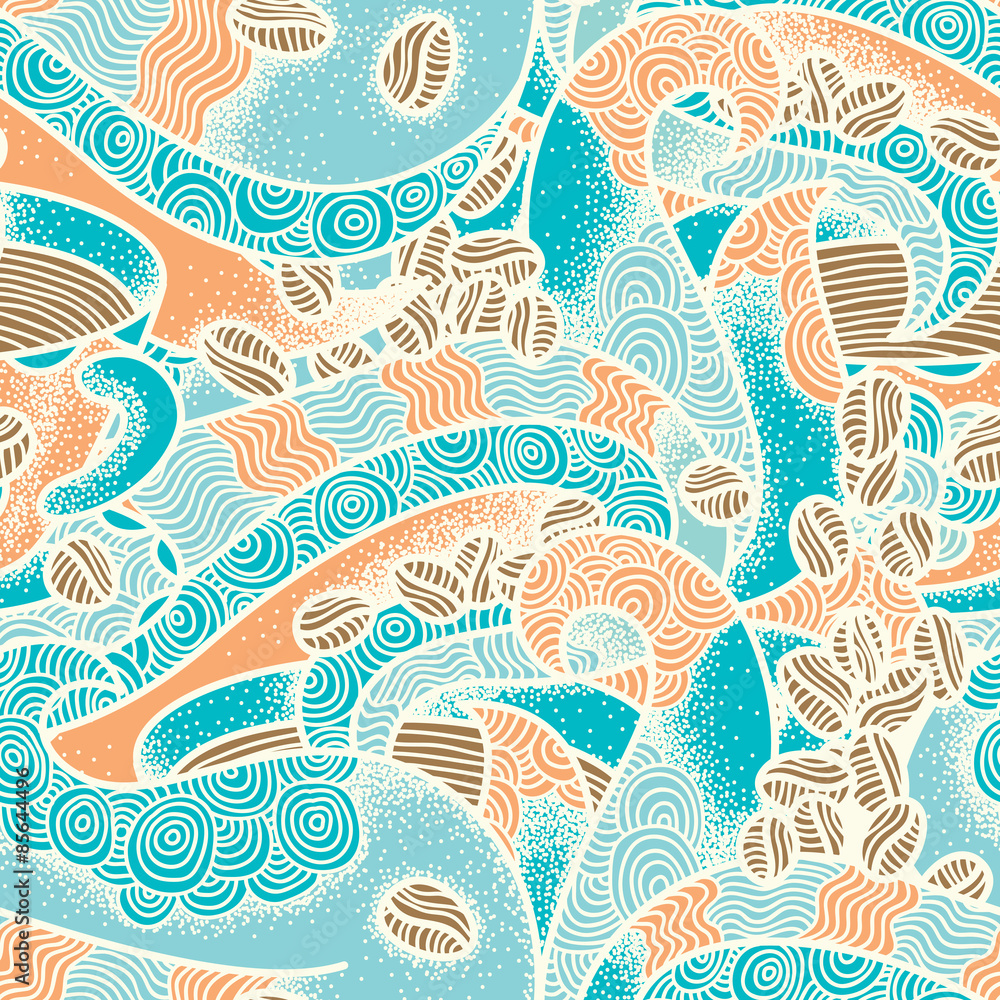 Fototapeta premium Coffee flavor hand drawn graphic ornate. Cool colors seamless pattern.