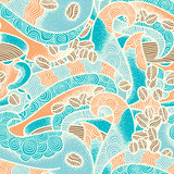 Coffee flavor hand drawn graphic ornate. Cool colors seamless pattern.