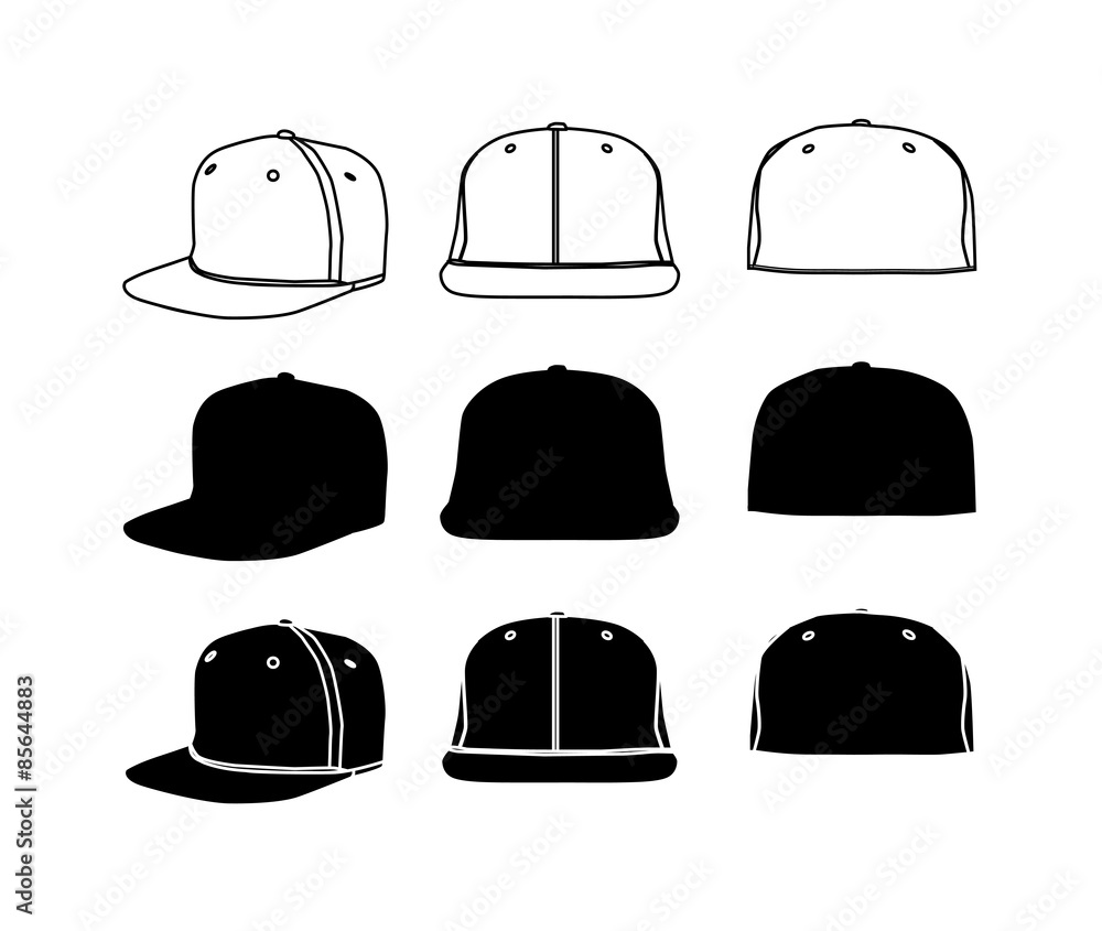 Rap cap with flat bill icon set Rap cap with flat bill icon set