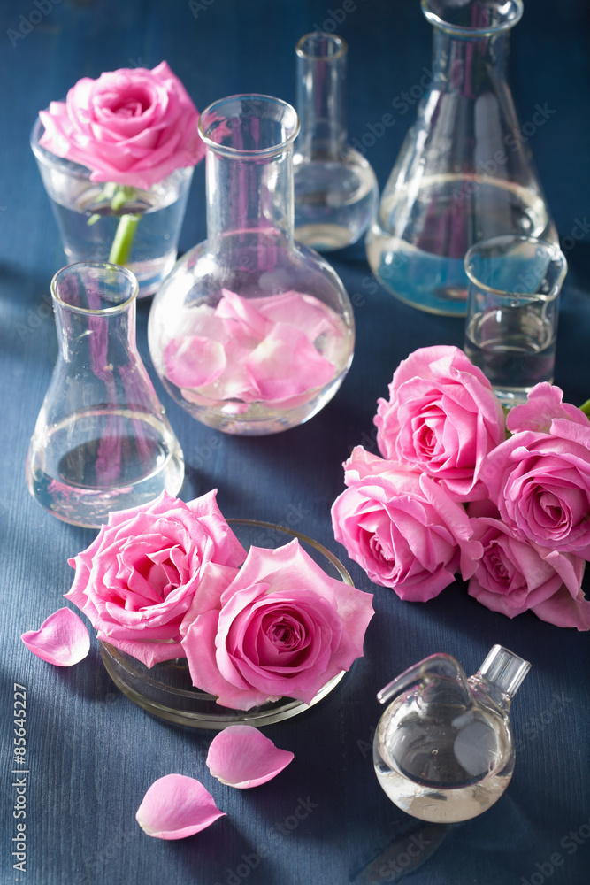 alchemy and aromatherapy set with rose flowers and chemical flas alchemy and aromatherapy set with rose flowers and chemical flas
