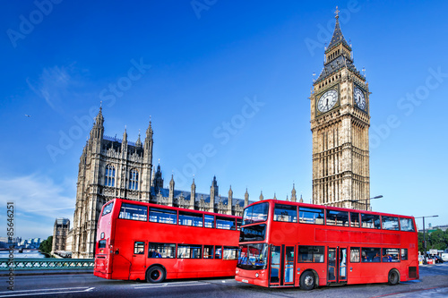 Big Ben with buses in London, England #85646251