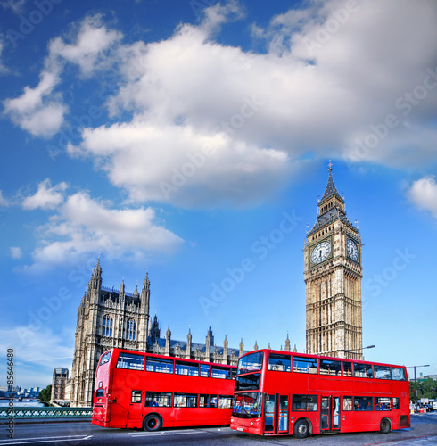 Photography Big Ben with buses in London, England