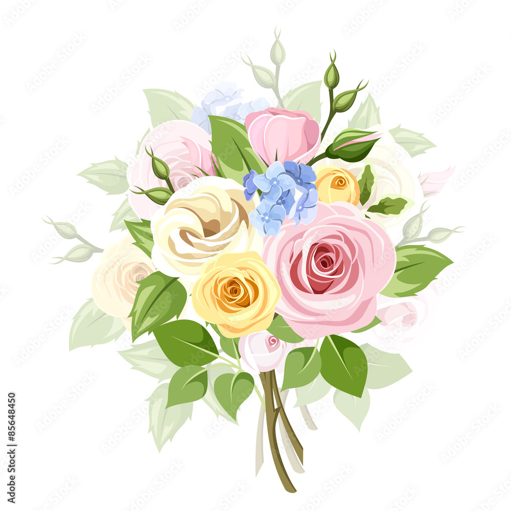 Fototapeta premium Bouquet of colorful roses, lisianthus and lilac flowers. Vector.