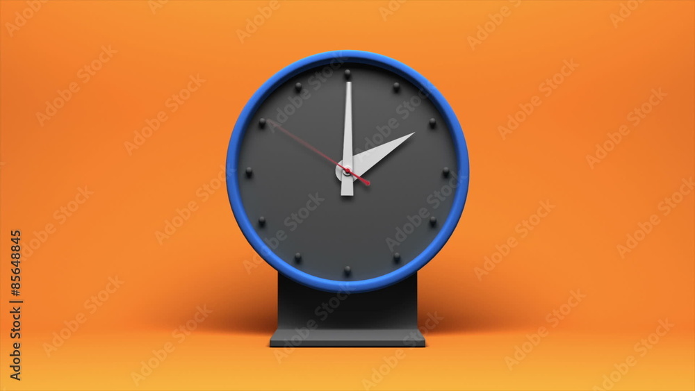 Timelapse of a blue animated clock on an orange background going through a 12 hour period