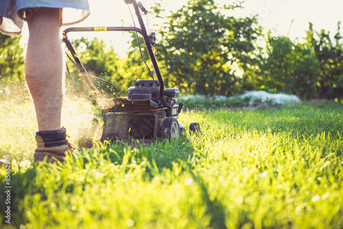 Young man mowing the grass