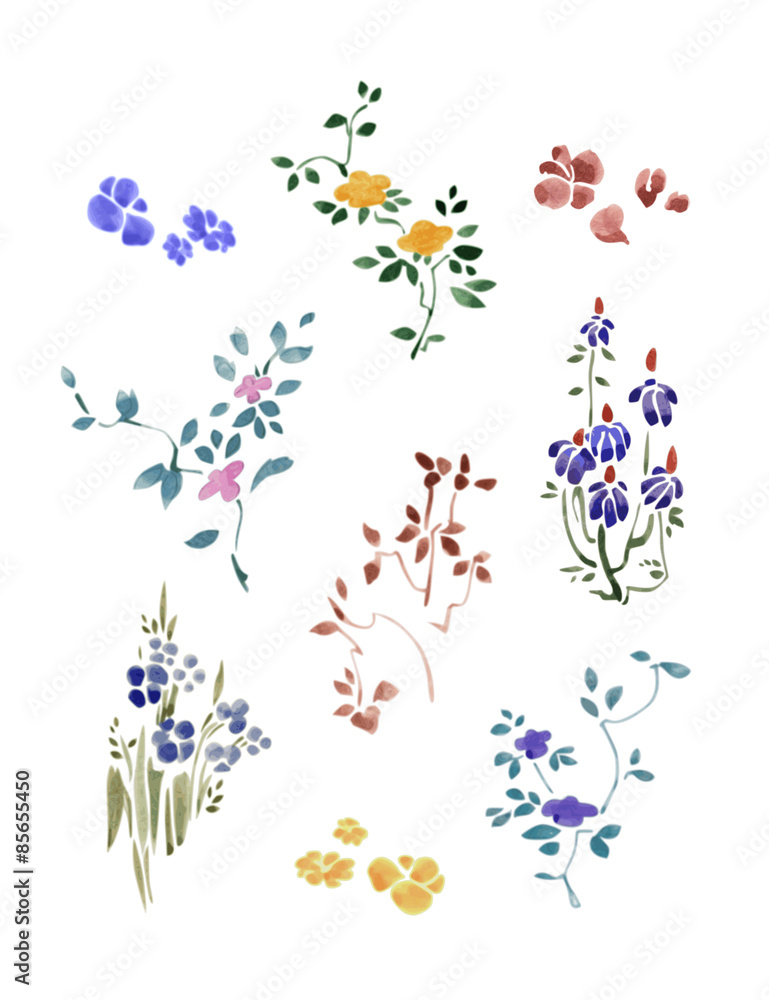 A set of small flowers watercolor with leaves. Flax Flowers.