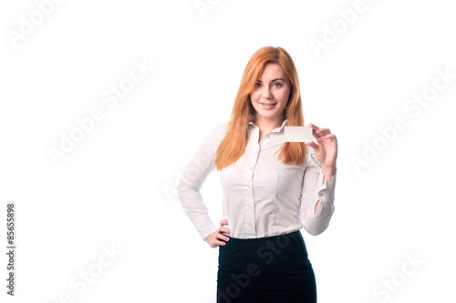 beautiful woman showing a business card