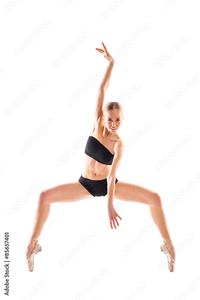 vertical photo of ballerina isolated on white background in trai